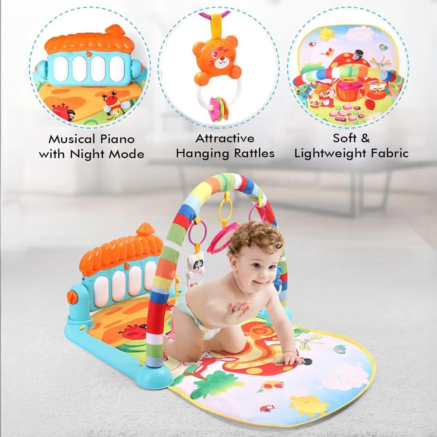 Musical Keyboard Mat Piano _ Baby Gym & Fitness Rack Piano _ Baby Play Mat _ Fitness Rack with Hanging Rattles _ Lights & Musical Keyboard _ Gift for Babies & Kids 5